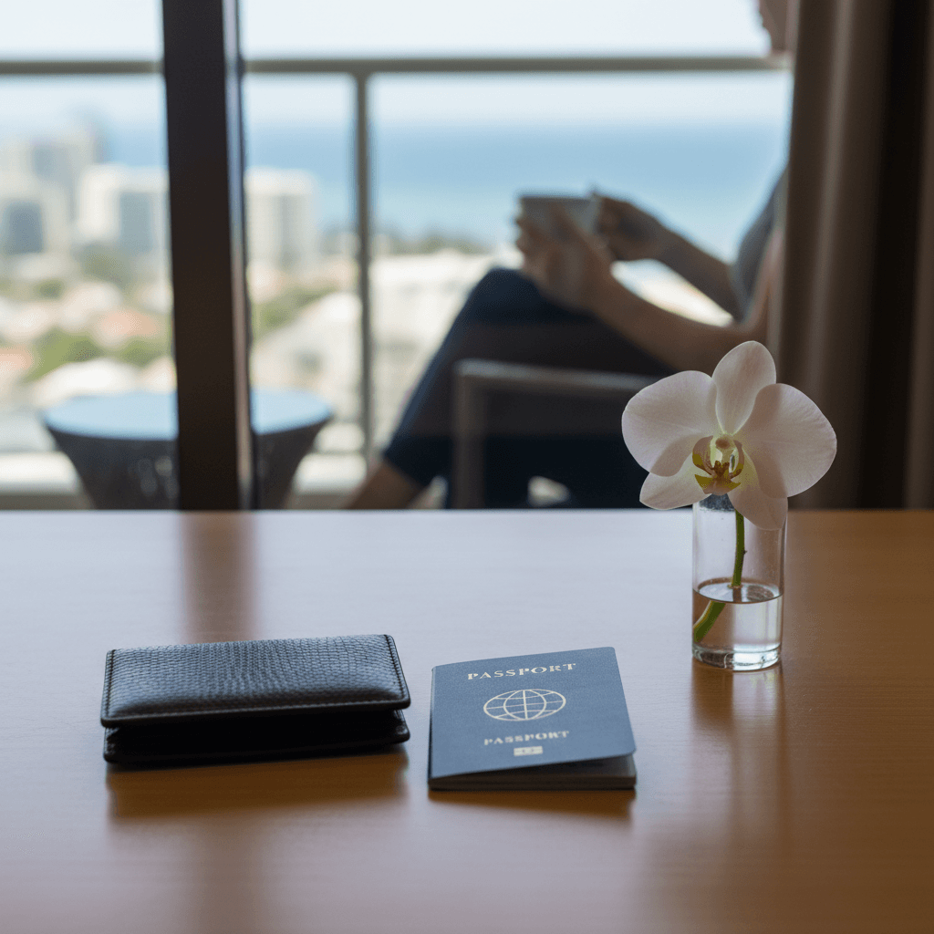 木目調のデスクの上に、上質な革の財布とパスポート、そして一輪挿しの花が置かれたミニマルな風景。整理整頓された知的な生活を象徴している。