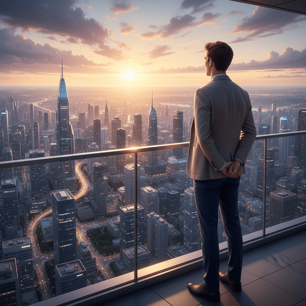 将来のビジョンを描く若者の後ろ姿