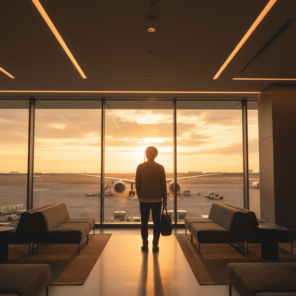 空港の大きな窓から夕暮れの滑走路と飛行機を眺める20代男性の背中。モダンで落ち着いた雰囲気。