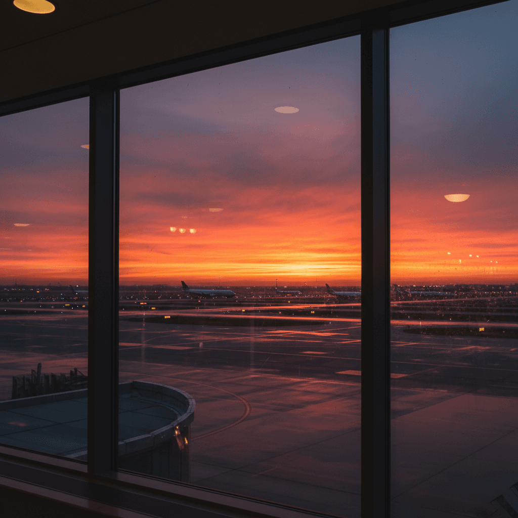 空港の大きな窓から見える、夕焼けに染まる滑走路と遠くの地平線。人影はなく、静寂と旅への期待感が漂う抽象的な風景。