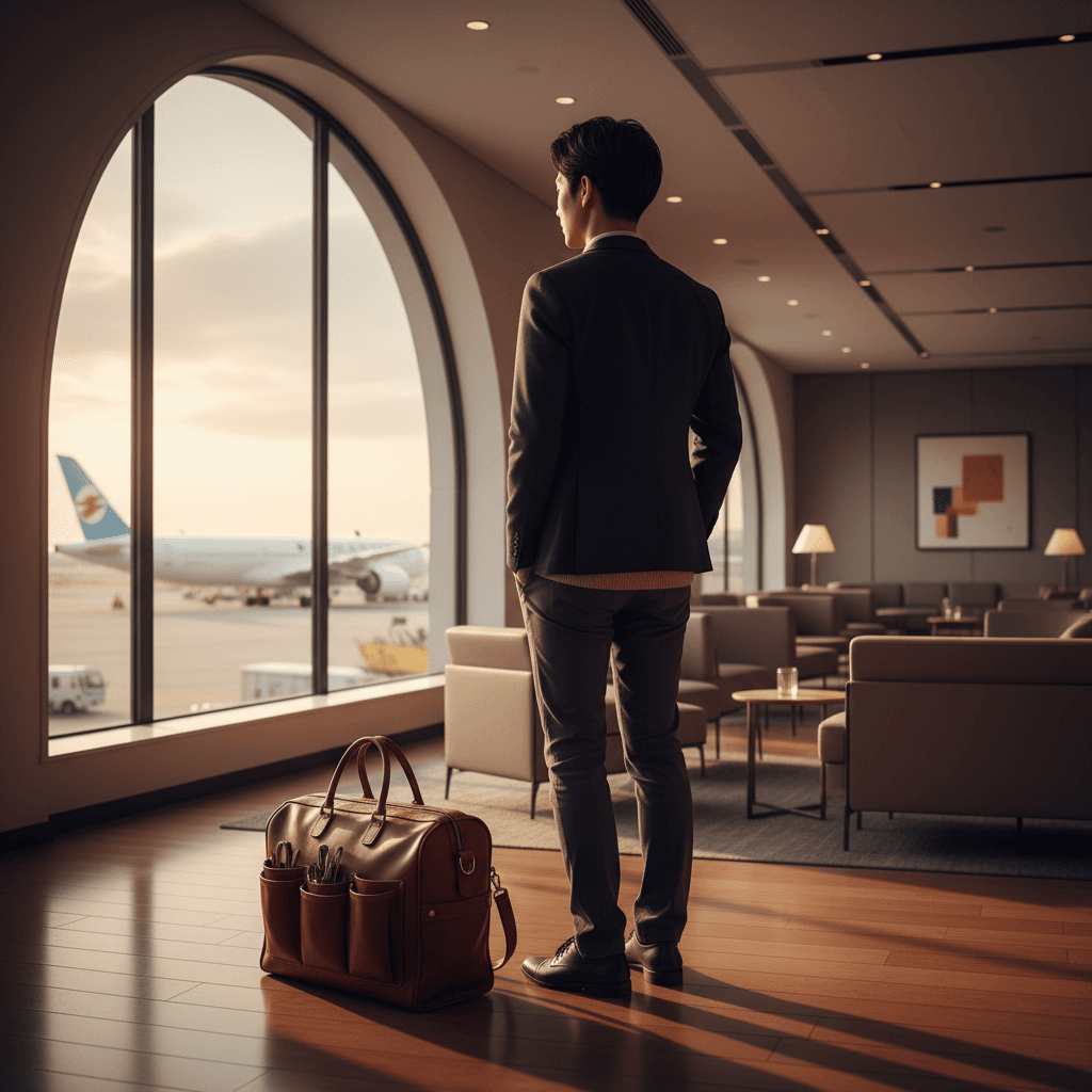 空港のラウンジで、窓の外の飛行機を眺めながら仕事のスケジュールを確認する、スタイリッシュな28歳の美容師の背中。傍らにはプロ用のシザーケースが入ったバッグが置かれている。