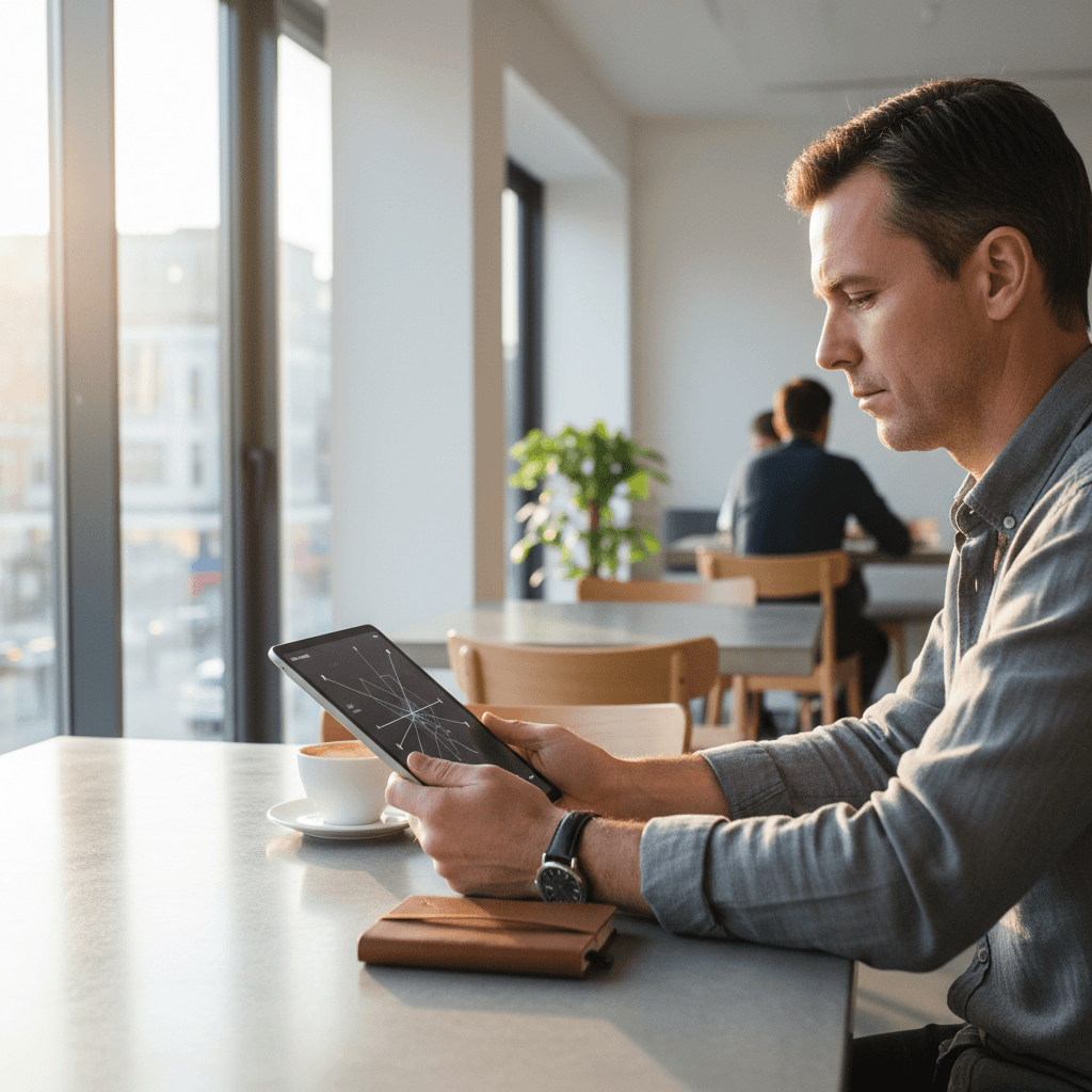 落ち着いたカフェで、手元のタブレットを見ながら家計や将来の計画を静かに考えている40代の人物の横顔(顔の詳細は不明瞭)。窓からは柔らかな光が差し込んでいる。