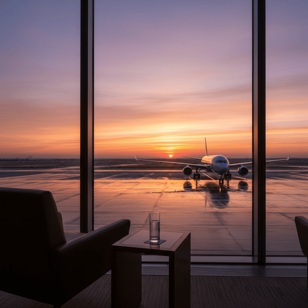 夕暮れの空港、滑走路を望むラグジュアリーなラウンジの窓辺