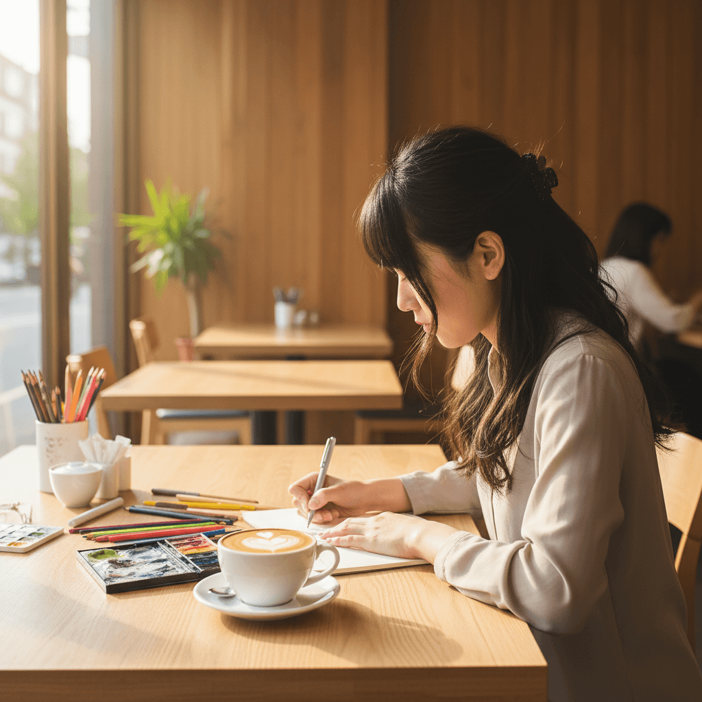 カフェでスケッチをする女性の様子