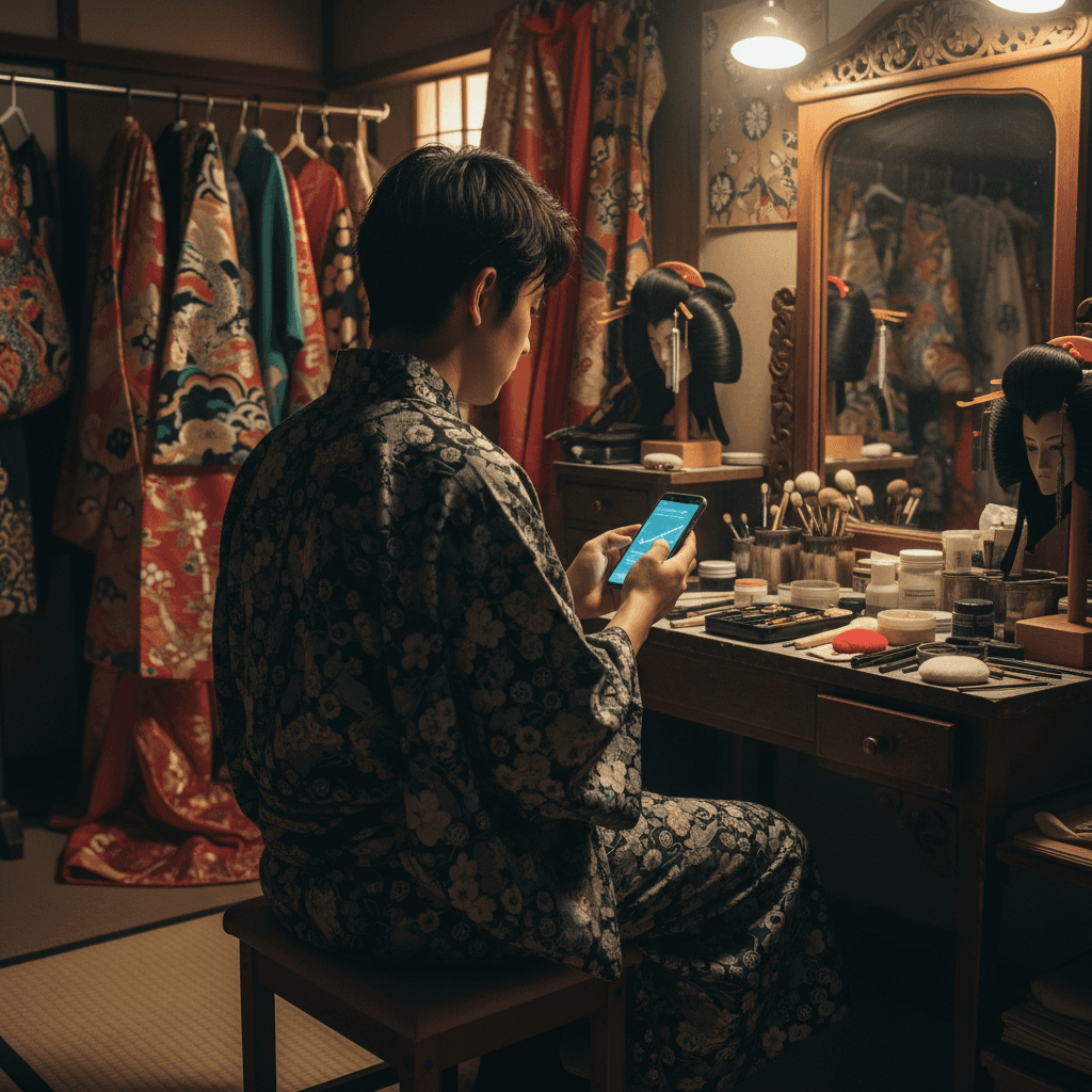 舞台裏の楽屋で、鏡の前に置かれた化粧道具とスマートフォンの画面を見つめる若い男性の背中。和の情緒と現代的な悩みが交差する雰囲気。