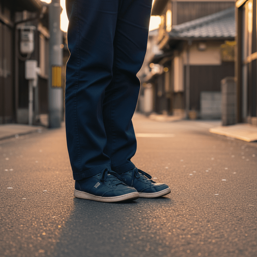夕暮れの住宅街を歩く検針員の足元と、ふと足を止めた瞬間の静かな風景
