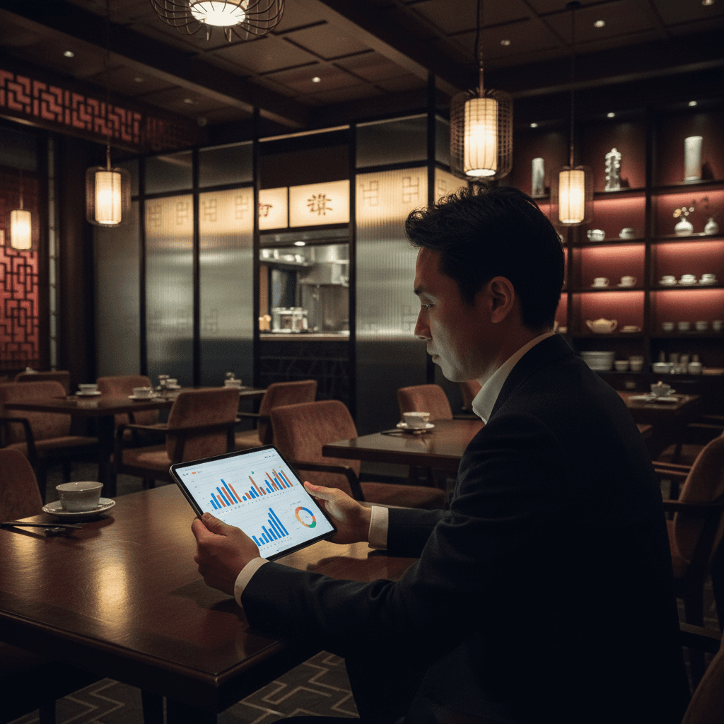 モダンな中華料理店のオーナーが、落ち着いた店内でタブレットを使いながら経営戦略を練っている様子。背景には洗練された内装が見える。