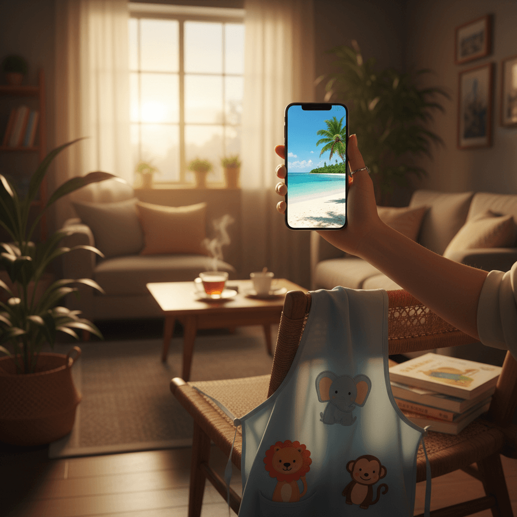 仕事終わりの部屋で、スマートフォンの画面に映る沖縄の美しいビーチの壁紙を眺めながら、お茶を飲んでリラックスする24歳の女性の様子。傍らには保育士のエプロンが置かれている。温かみのある夕方の室内光。