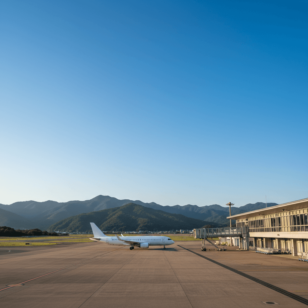 青空の下、地方空港の駐機場に停まる飛行機。静かで落ち着いた旅の始まりを予感させる風景。