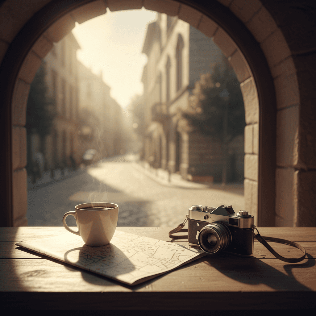 旅先のカフェで、地図とコーヒーを前にリラックスする様子。窓からの光が美しい。