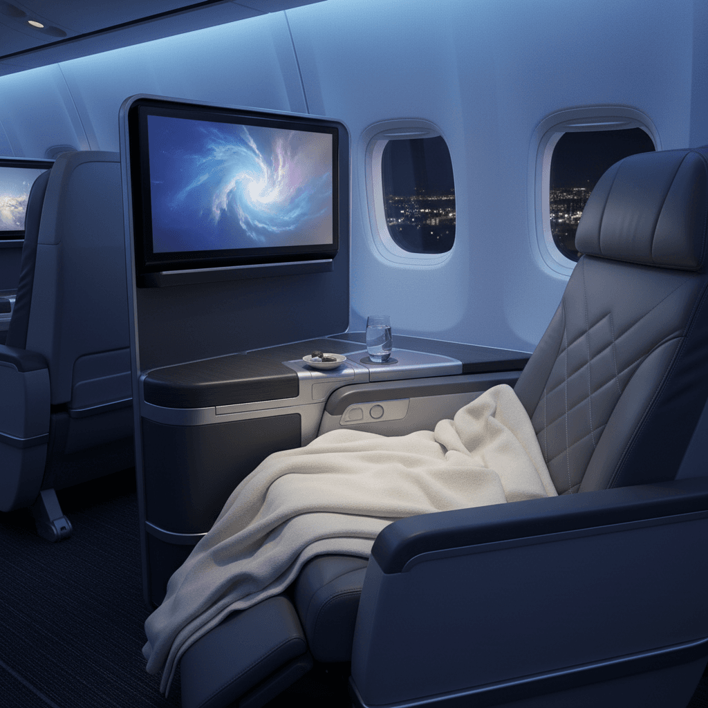 最新鋭の航空機の広々としたビジネスクラスシート。落ち着いた照明と高級感のある質感。