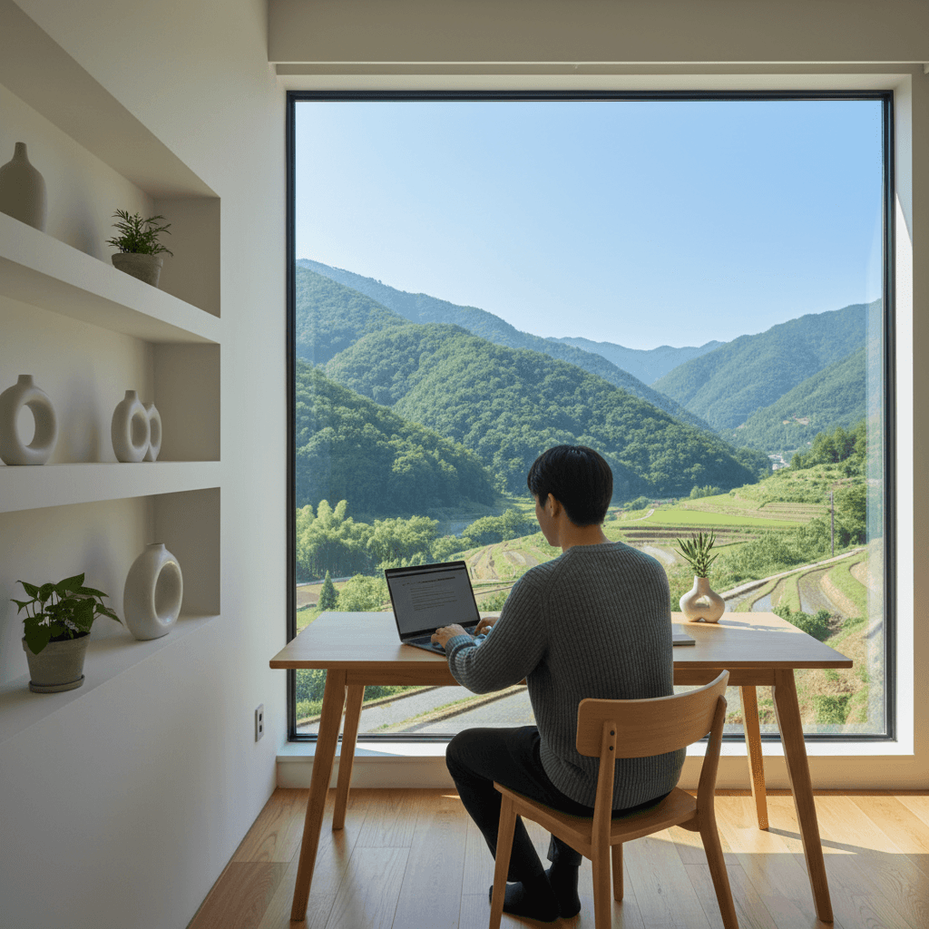 地方の静かなワークスペースでPCに向かう20代の若手ビジネスパーソンの後ろ姿