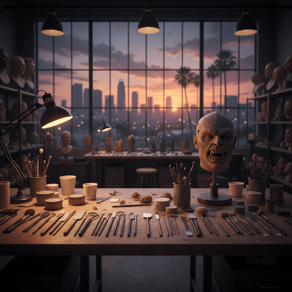 ハリウッドのスタジオに置かれた特殊メイクの道具とシリコンマスク