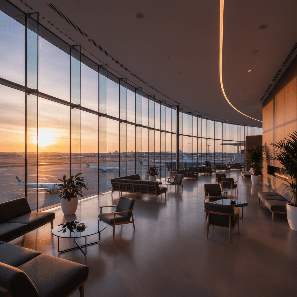 夕暮れ時の空港滑走路を望む、モダンで洗練された空港ラウンジのインテリア。人は写っていない。
