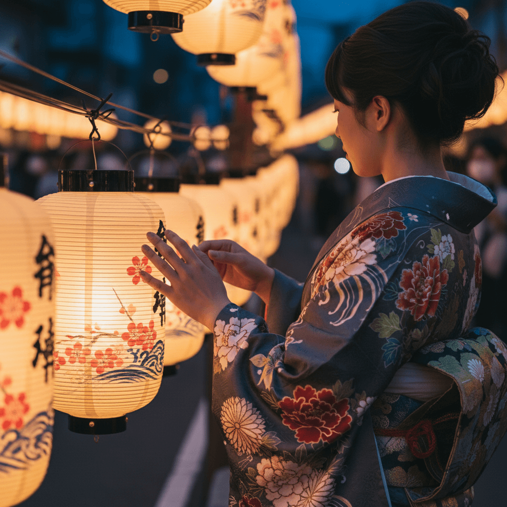 夕闇に浮かぶ伝統的な日本の祭りの提灯と、着物の質感が伝わるクローズアップ