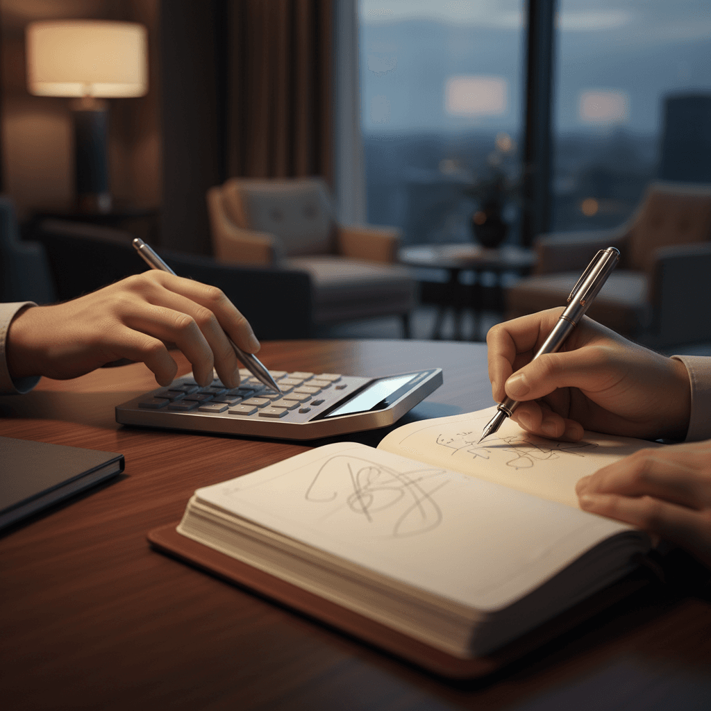 デスクで計算機とノートを使い、真剣に分析を行う人物の手元。落ち着いた照明の書斎。