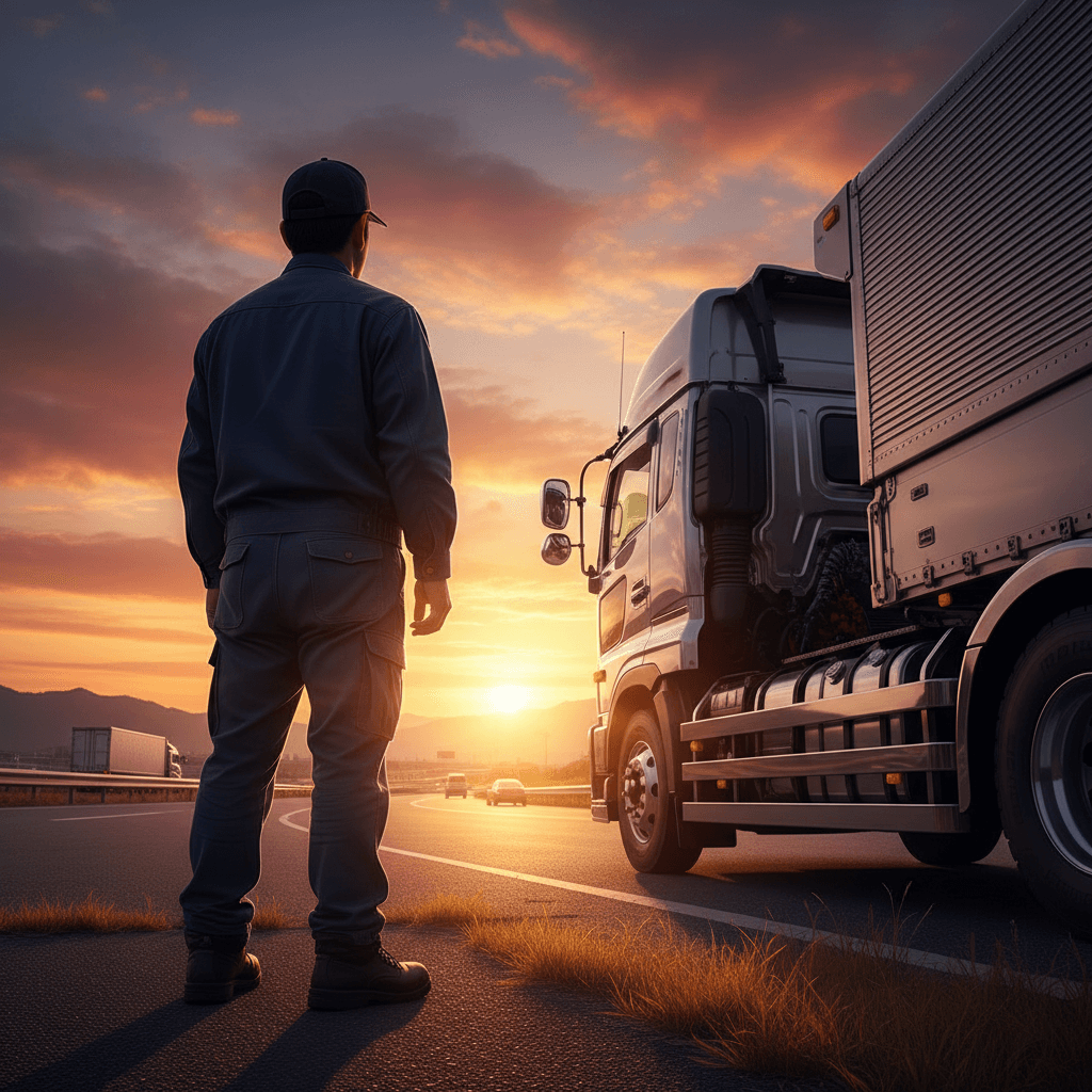 夕暮れのパーキングエリアで大型トラックの傍らに立ち、遠くの空を見つめる30代の日本人男性ドライバーの背中。哀愁と希望が混ざったシネマティックな雰囲気。