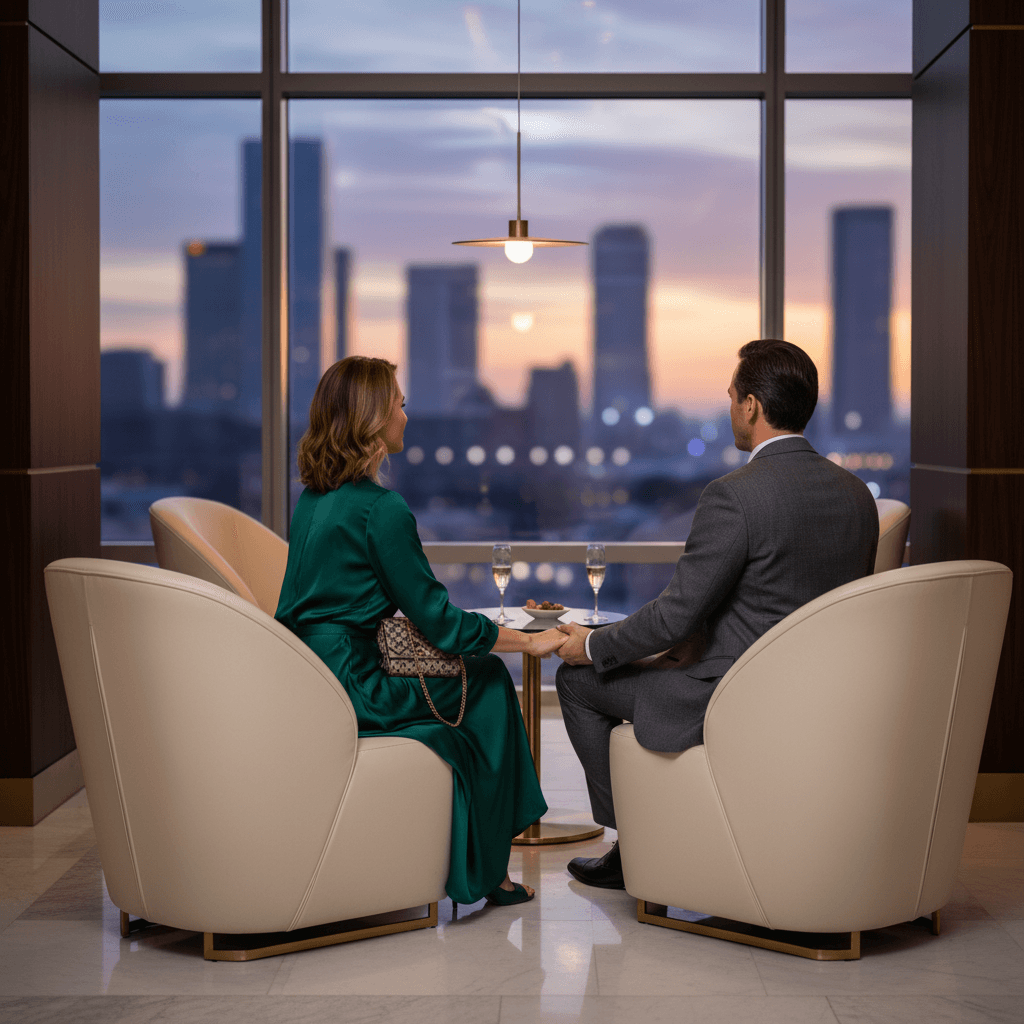 洗練されたデザインのラウンジで、落ち着いた時間を過ごす夫婦の背中。窓の外には都会的な景色が広がる。