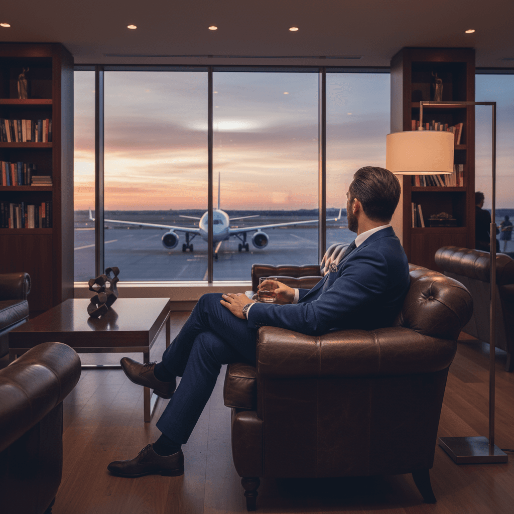 高級ホテルのラウンジで、静かに窓の外を眺めながらリラックスする男性の背中