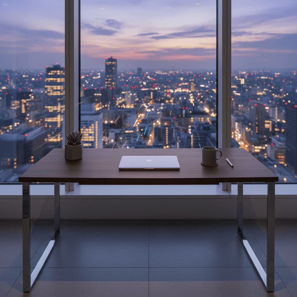 洗練された都市部のワークスペース、高性能なノートPCとミニマルなデスク環境