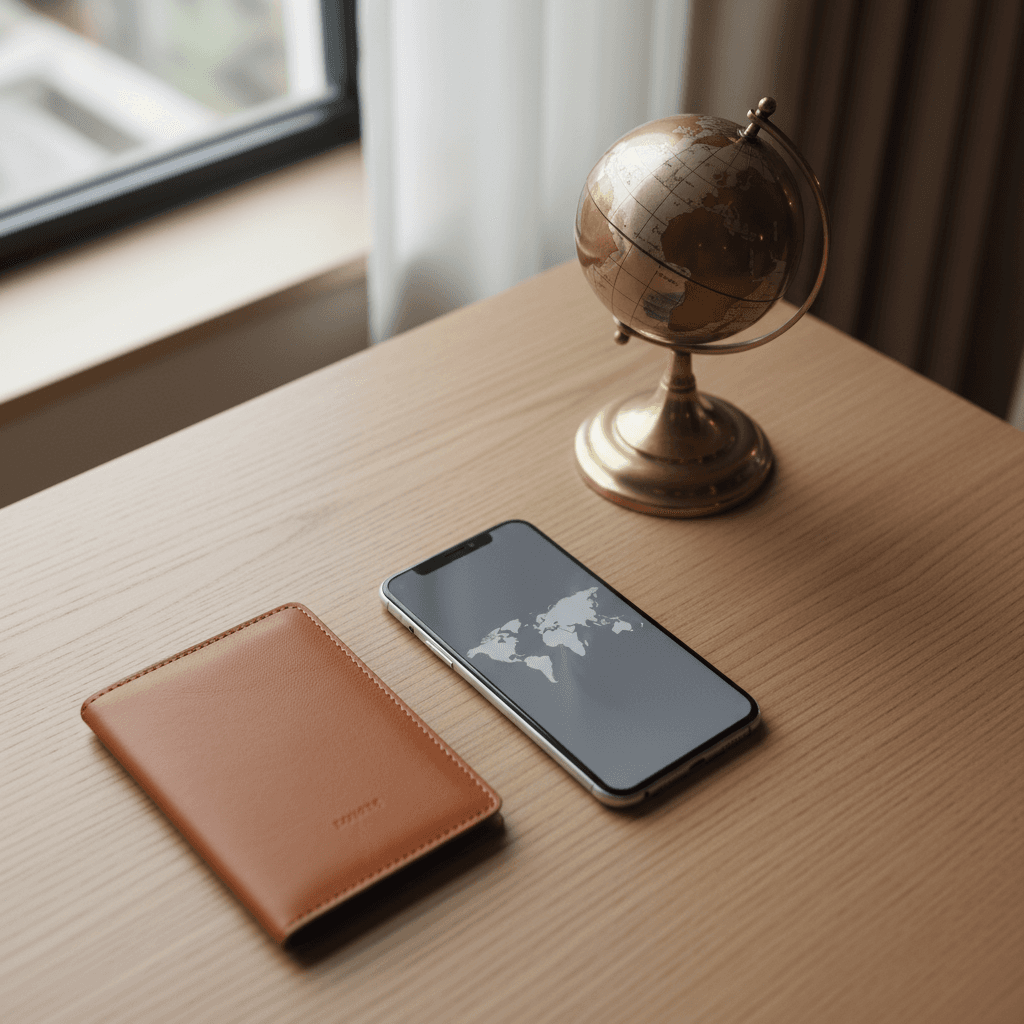 パスポートとスマートフォンのあるデスク