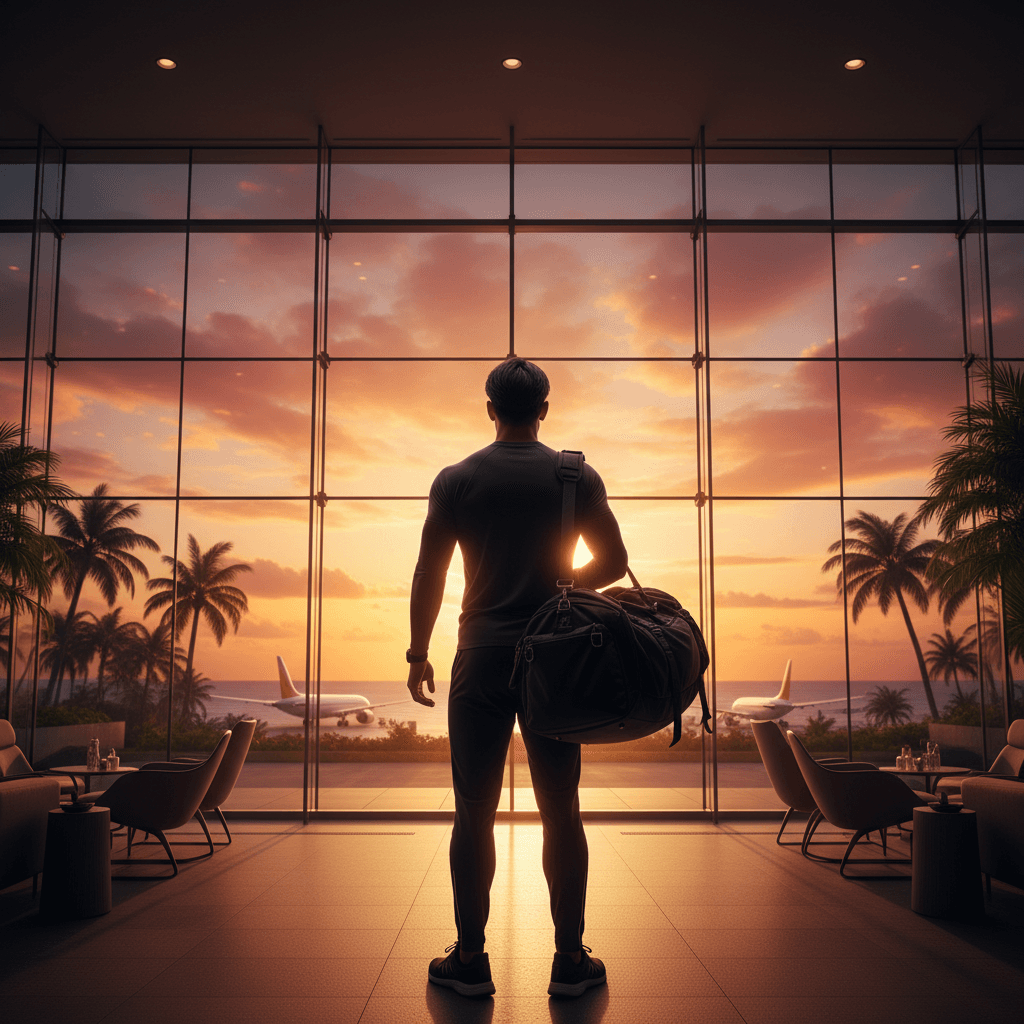 遠征に向かうアスリートの背中と空港の出発ロビー