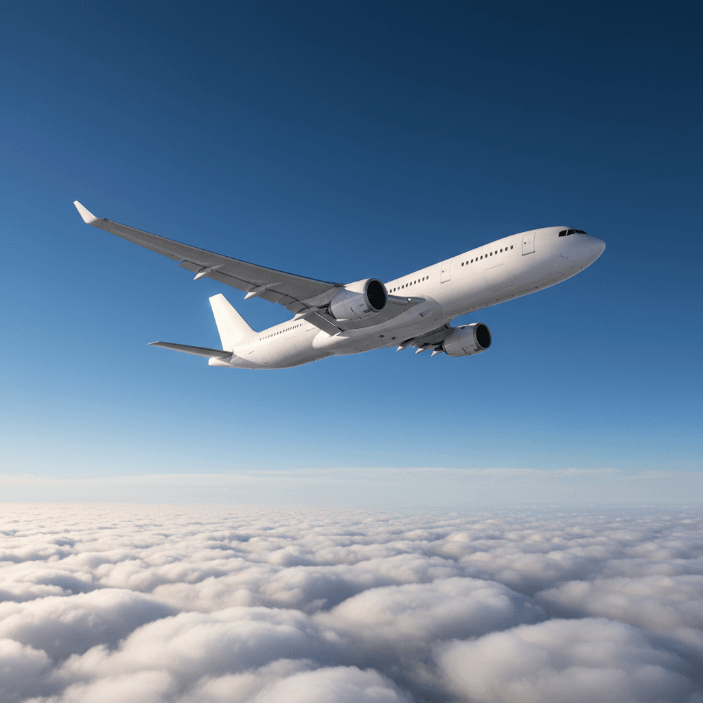 空を飛ぶ飛行機と青空。自由な旅を想起させる風景