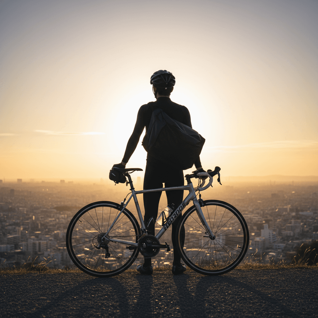 夕暮れの都市を見下ろす高台で、ロードバイクの傍らに立ち、遠くを見つめるメッセンジャーの背中。希望に満ちた雰囲気。