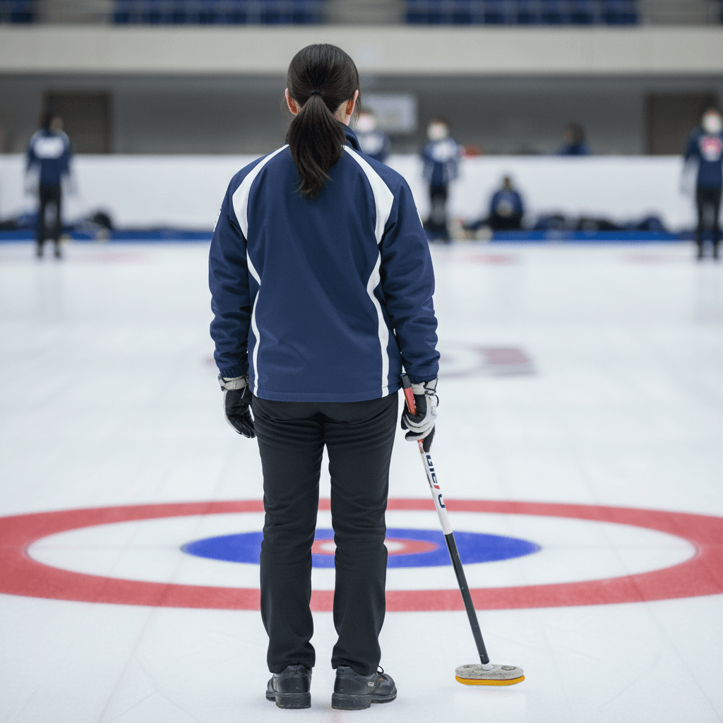 カーリングリンクでブラシを持つ女性の背中