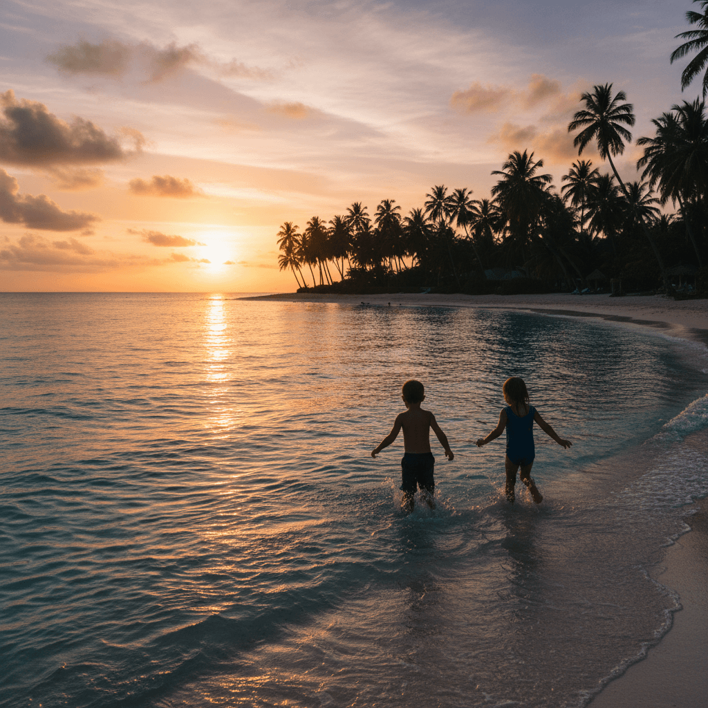 美しい南国のビーチで遊ぶ子供たちのシルエットと夕日