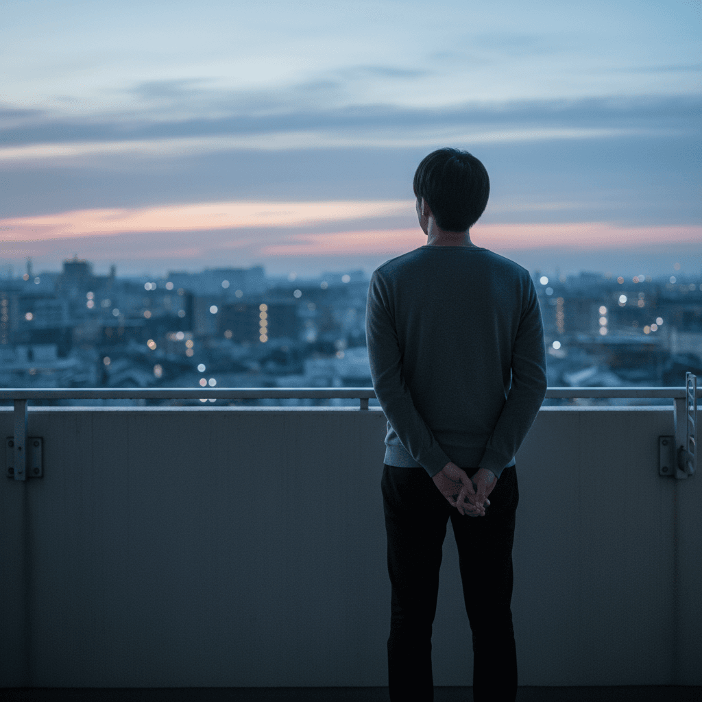 夜明けの街を見下ろす合理主義者の背中