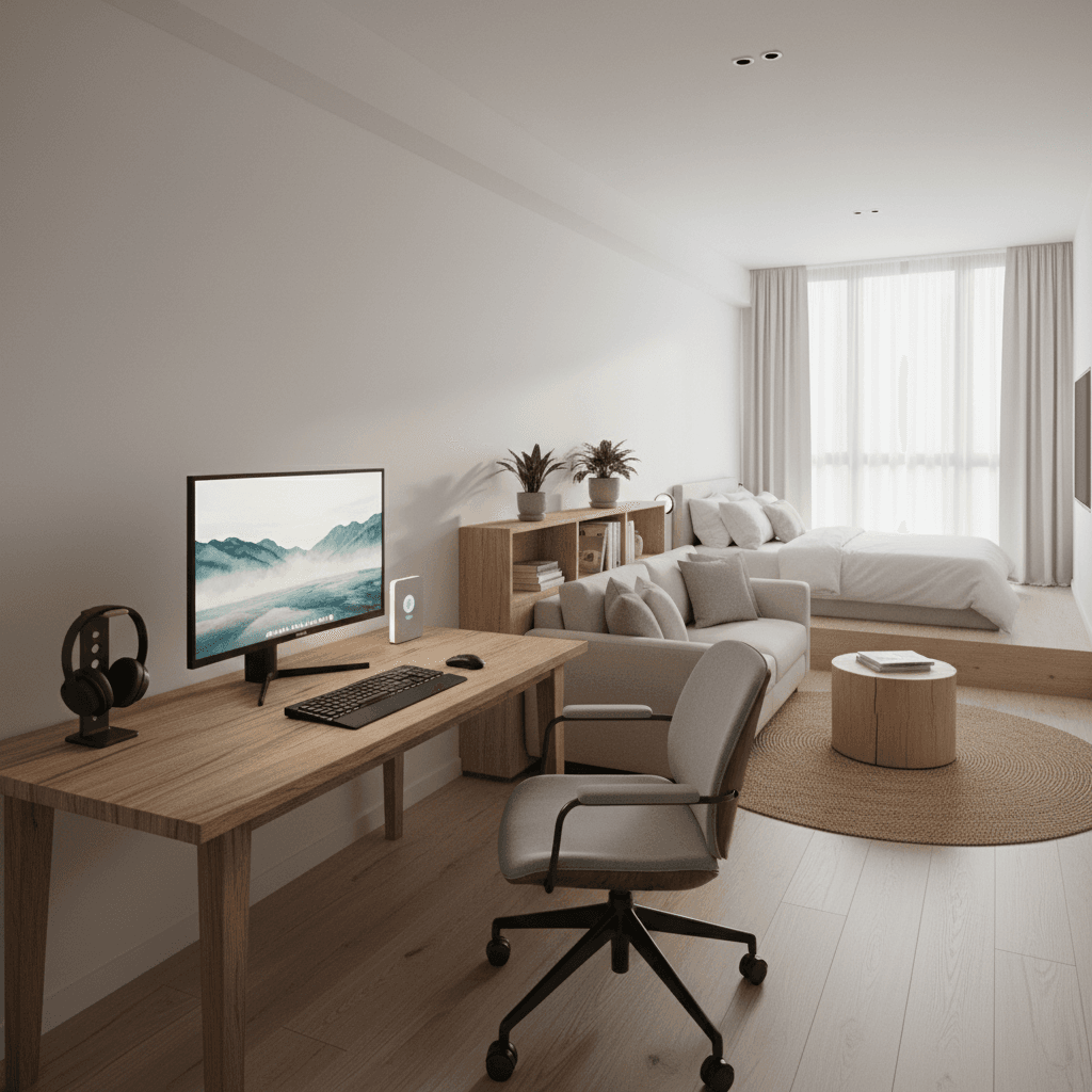 洗練されたモダンな一人暮らしの部屋。高品質な木製デスクの上に最新のPCモニターとガジェットが並び、窓からは柔らかな光が差し込んでいる。清潔感のある北欧スタイルのインテリア。
