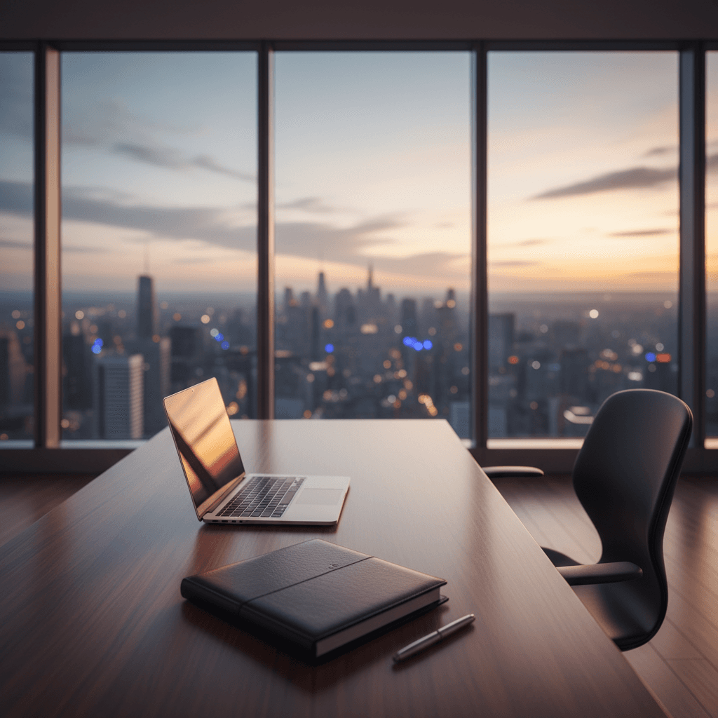 夕暮れの都市を望むモダンな経営者のデスク