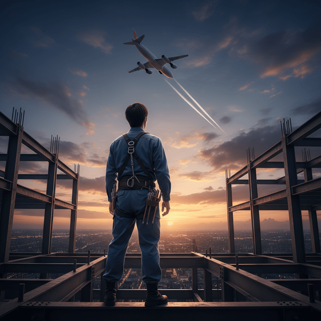 建設現場のリーダーが遠くの空を飛ぶ飛行機を見上げる後ろ姿。夕暮れ時の希望を感じさせるシーン。