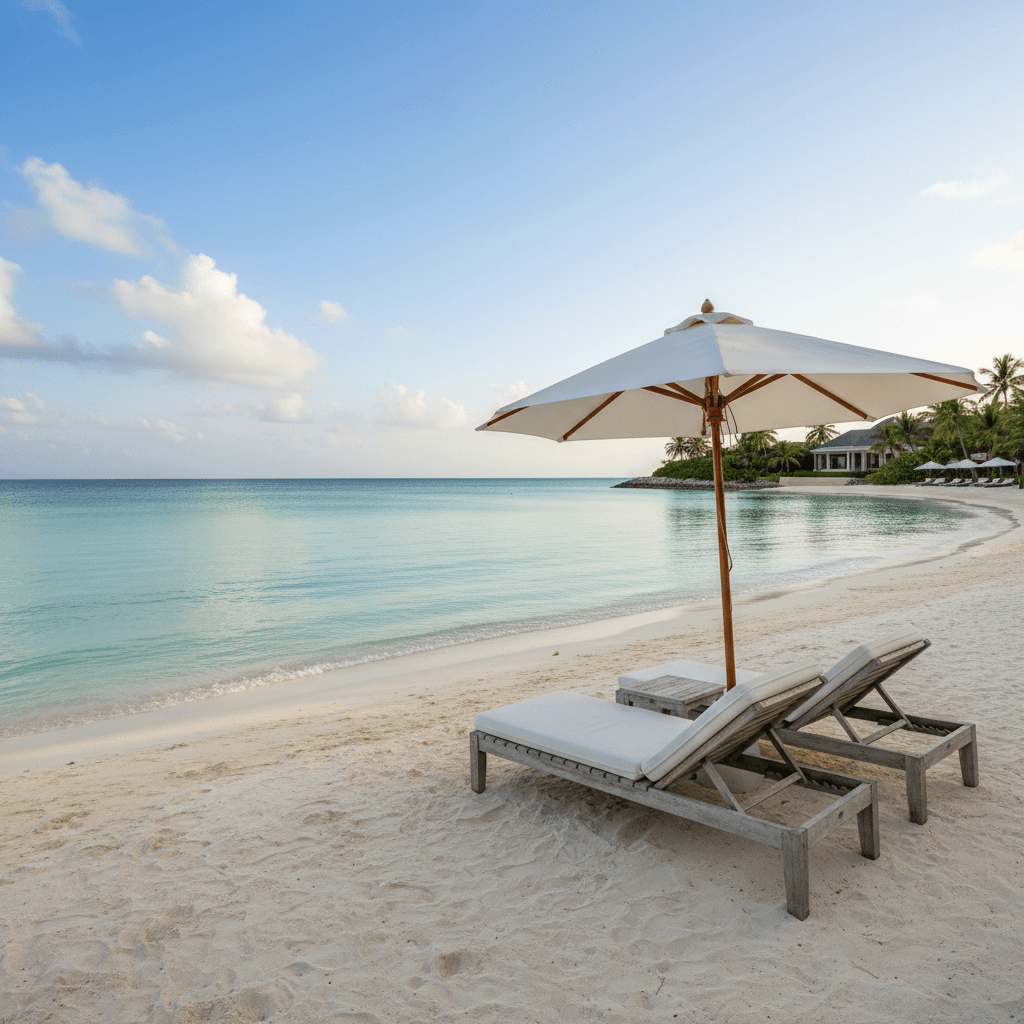 家族旅行を象徴する、穏やかなエメラルドグリーンの海と白い砂浜。