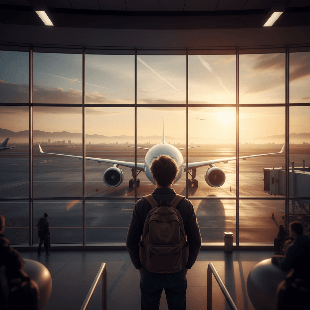 空港の出発ロビーから飛行機を眺める若者の後ろ姿