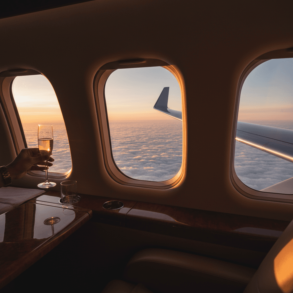 飛行機の窓から見える美しい雲海と夕陽