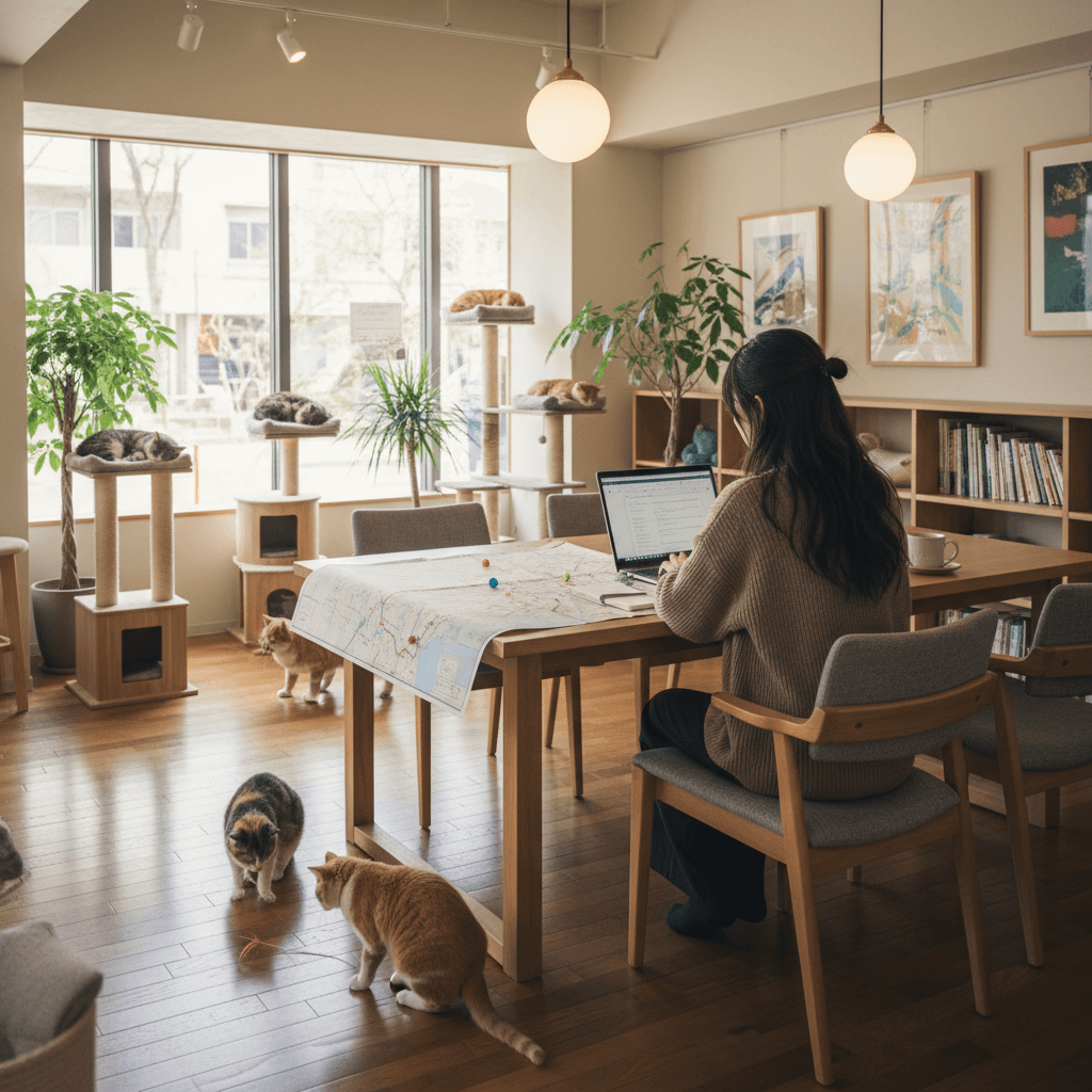 保護猫カフェの温かい店内で、ノートパソコンを開きながら全国地図を眺める女性の背中