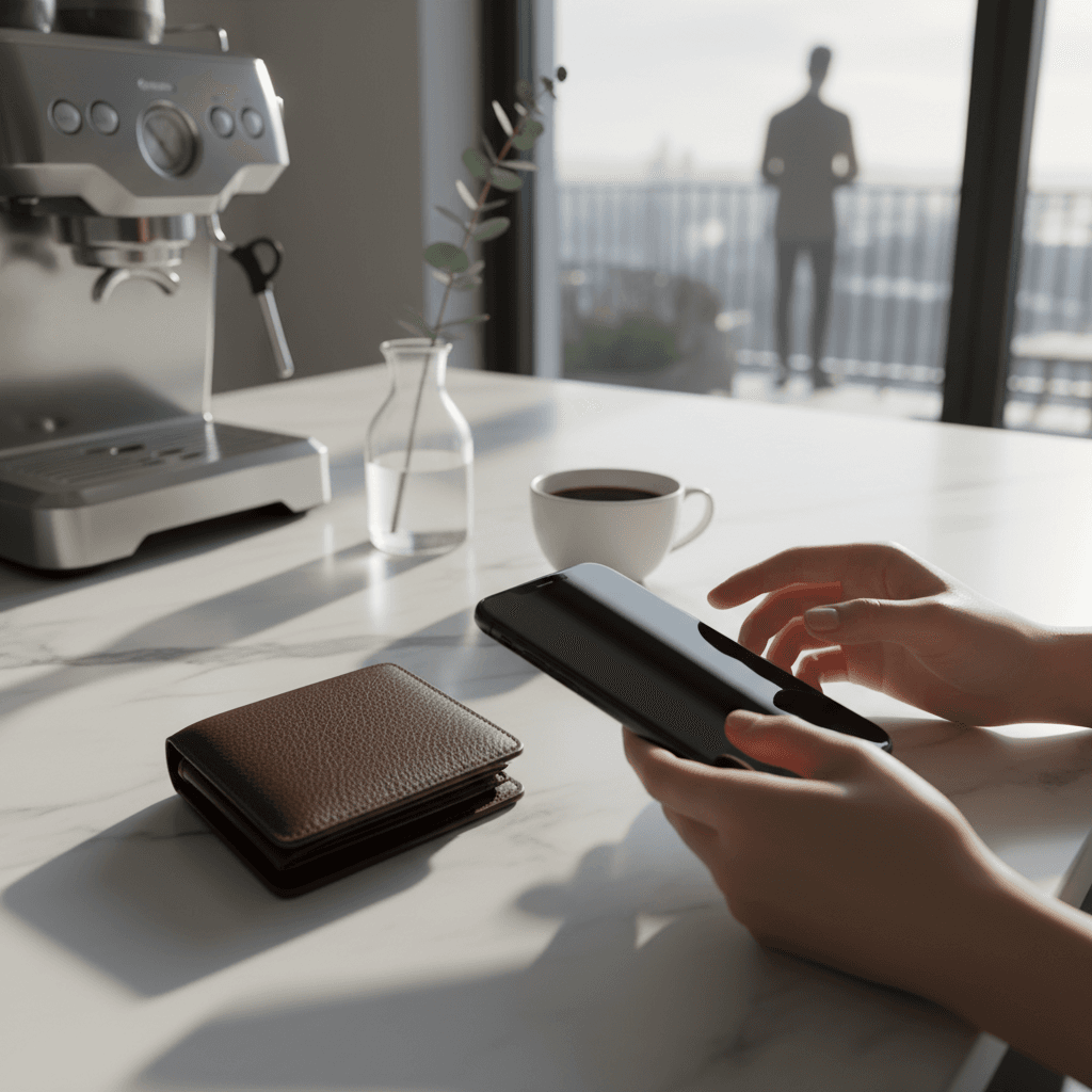 整理整頓されたモダンなキッチンのカウンターに置かれた、洗練されたデザインの財布とスマートフォン。