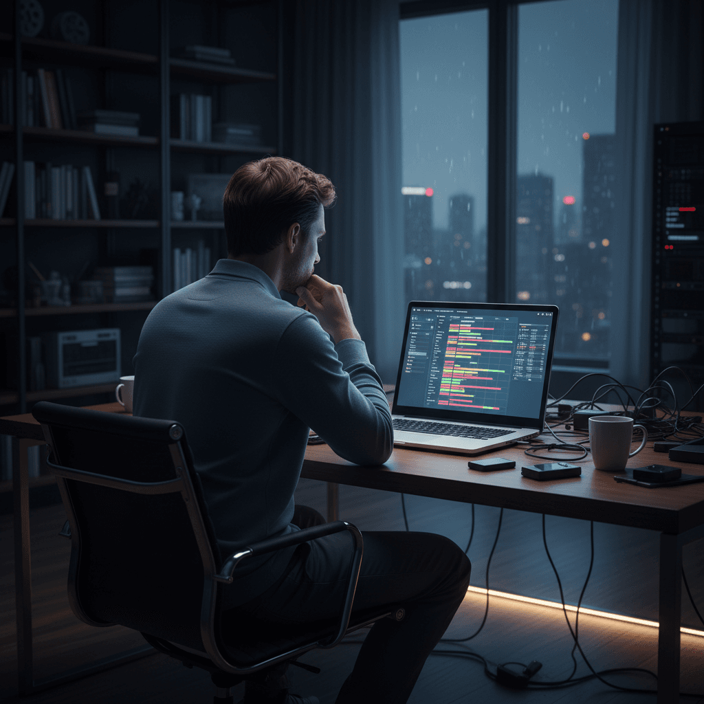 期限に追われ、カレンダーを見つめるエンジニアの背中