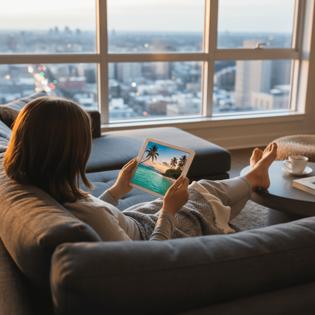 旅行の計画を立てながらデバイスを眺めるリラックスした時間