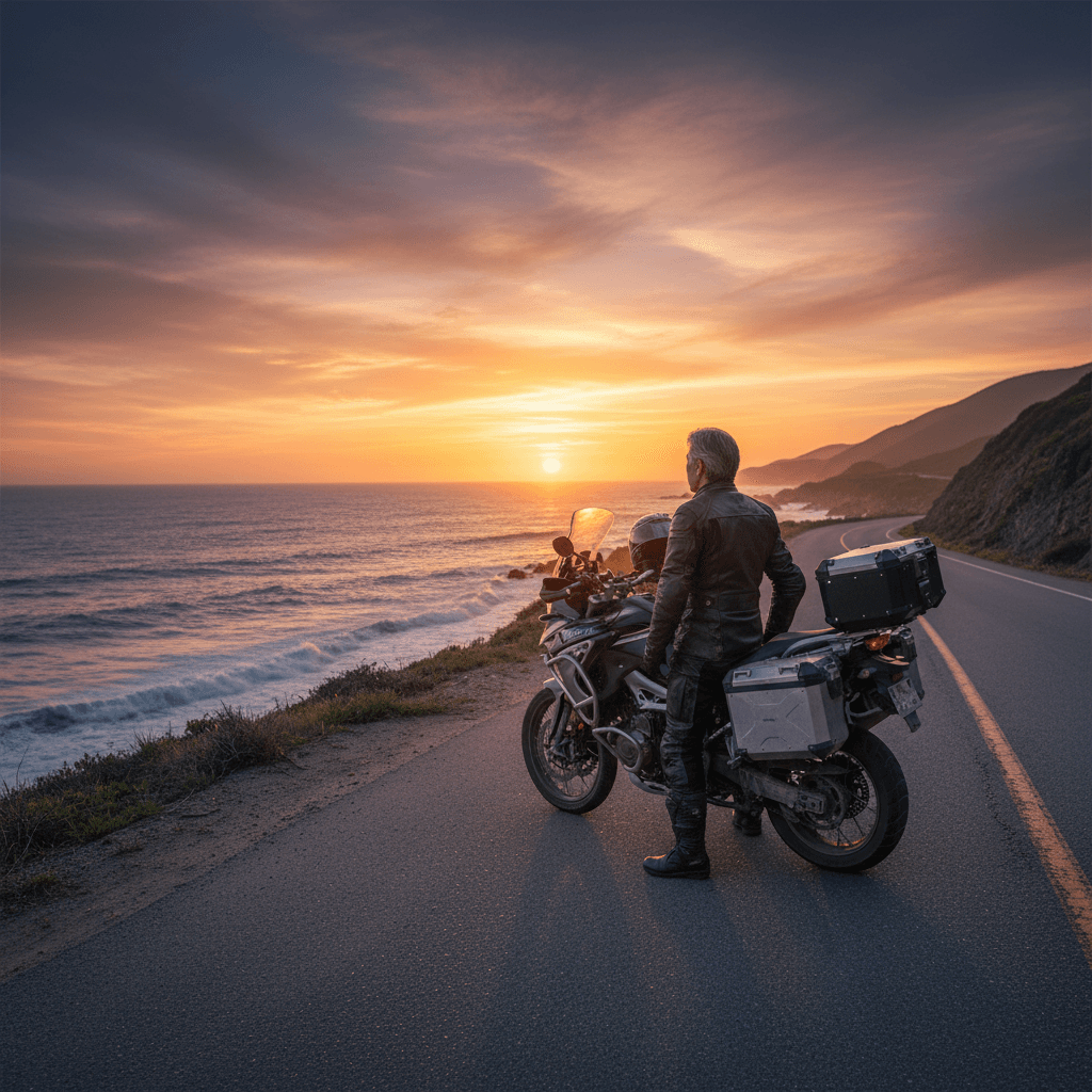 夕暮れの海岸沿いで、大型のアドベンチャーバイクの横に立ち、遠くの地平線を眺める50代後半の日本人男性の背中。静かで希望に満ちた雰囲気。シネマティックなライティング。