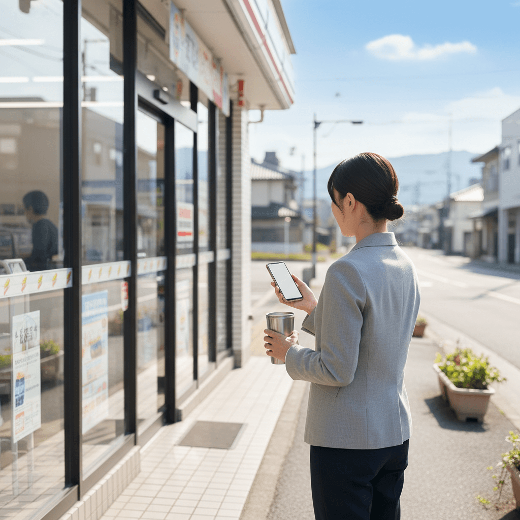 地方都市の静かな朝、コンビニに立ち寄る女性の日常風景