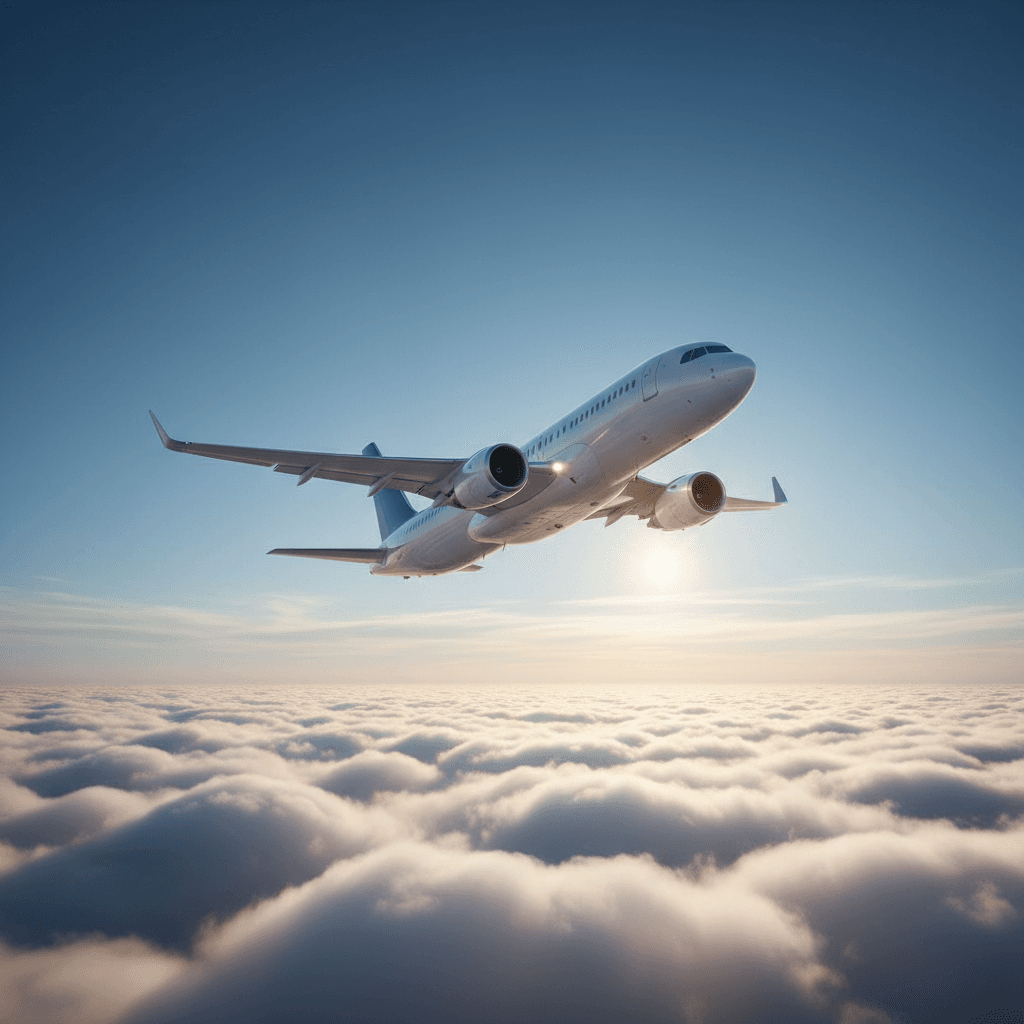 青空に向かって飛び立つ旅客機。自由と可能性を象徴する風景。