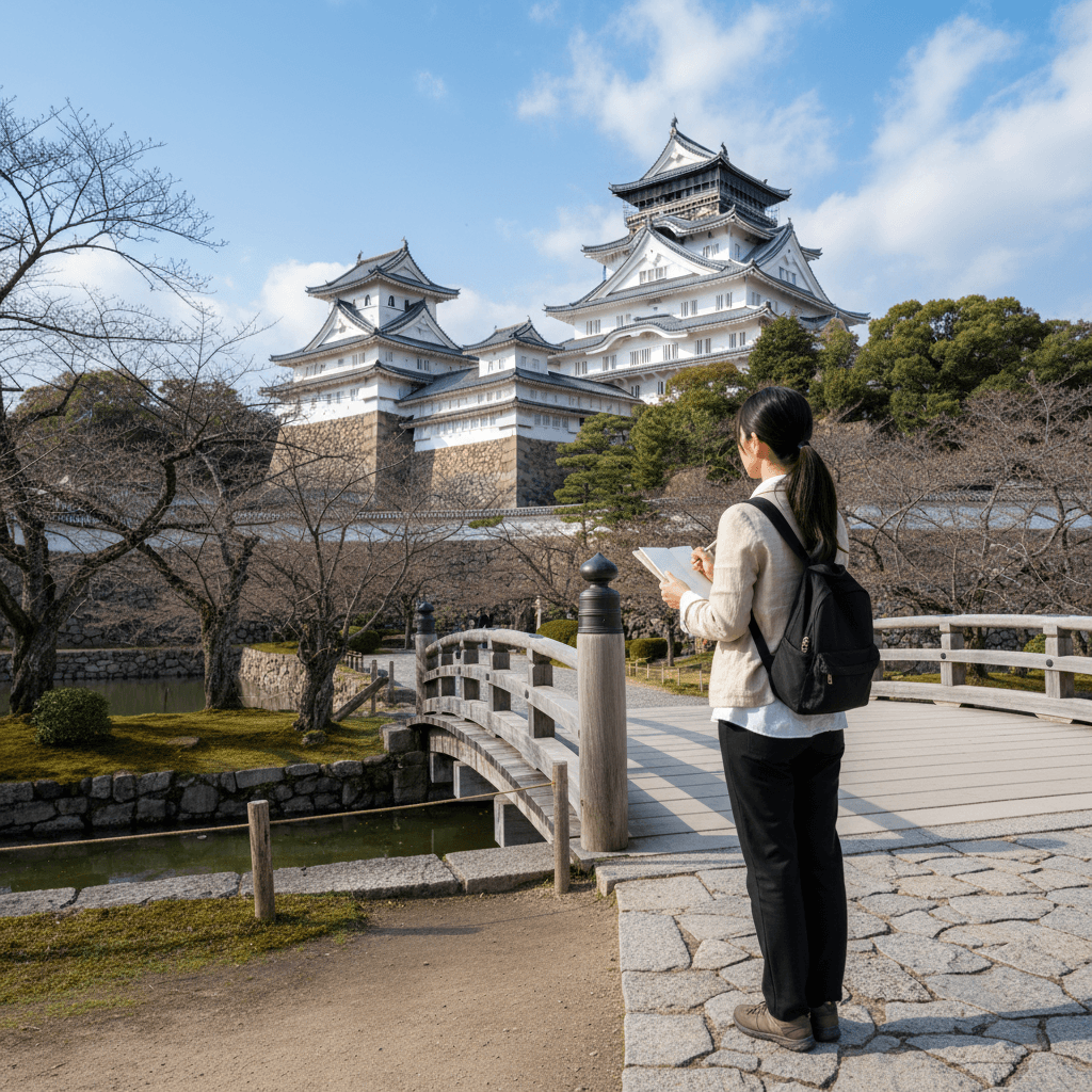 歴史的な日本の城郭を背景に、資料を手に持ちながら遠くを見つめる20代後半の女性の背中。知的な雰囲気と旅の情熱を感じさせる風景。