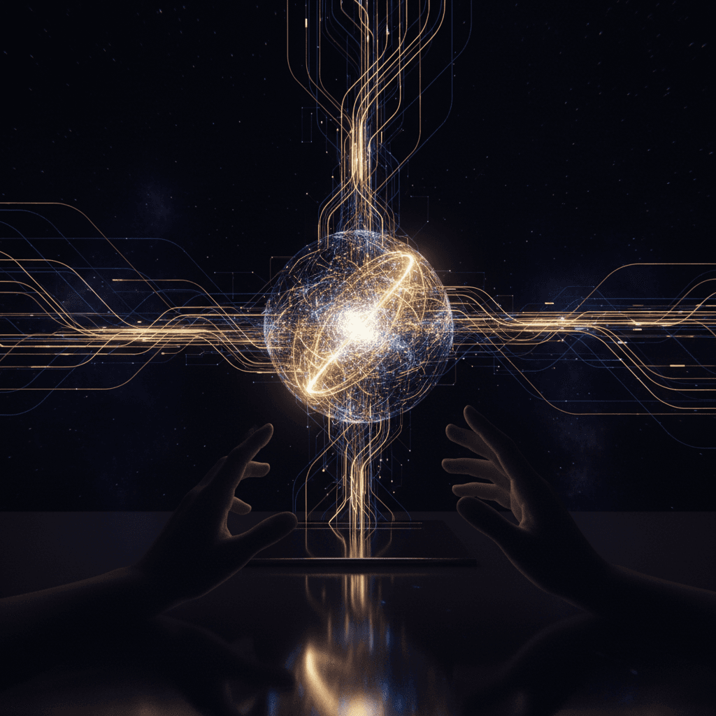 流れるような光のラインが一点に集約されていく、デジタルで抽象的なイメージ