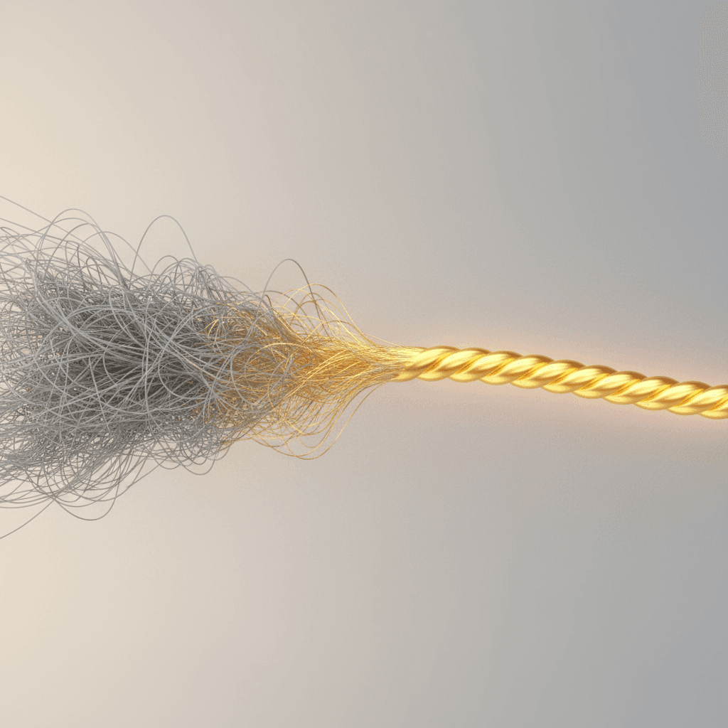 複雑に絡み合った糸が、一本の太い黄金の道へと収束していく抽象的なイメージ。