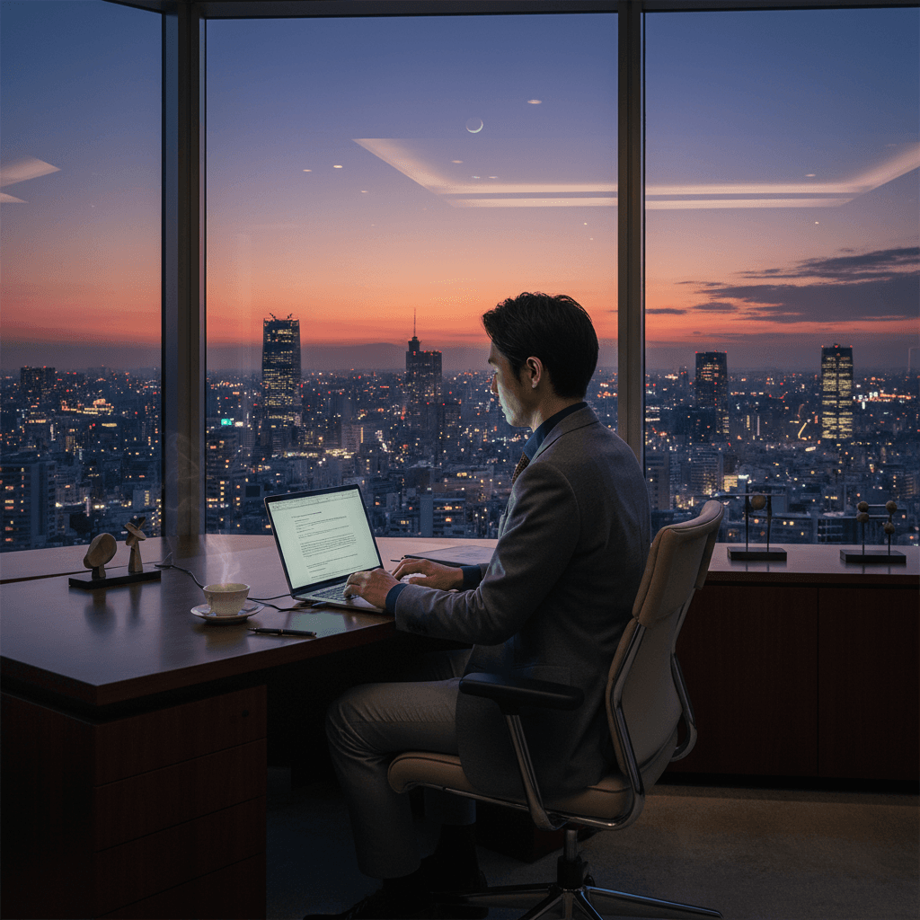 洗練されたオフィスで戦略を練る30代後半のビジネスパーソン