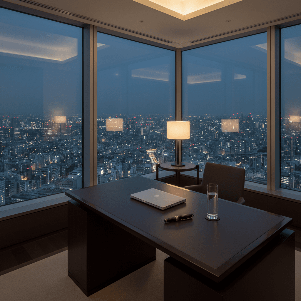 洗練された都心の高層ビル群を望む、モダンでミニマルな書斎の風景