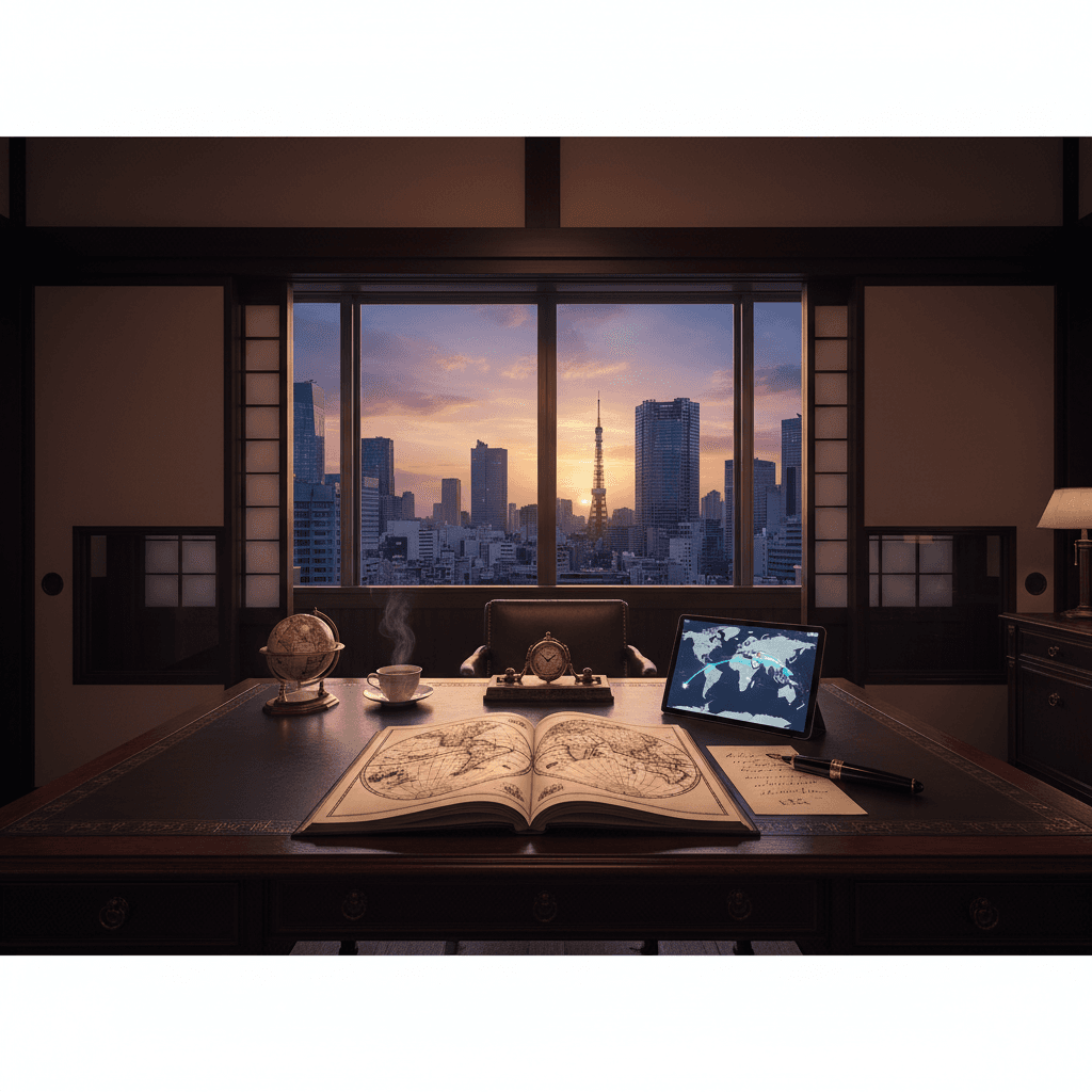 高級感のある書斎で世界地図を広げるシニア男性の手元。窓の外には都会のビル群が見える。